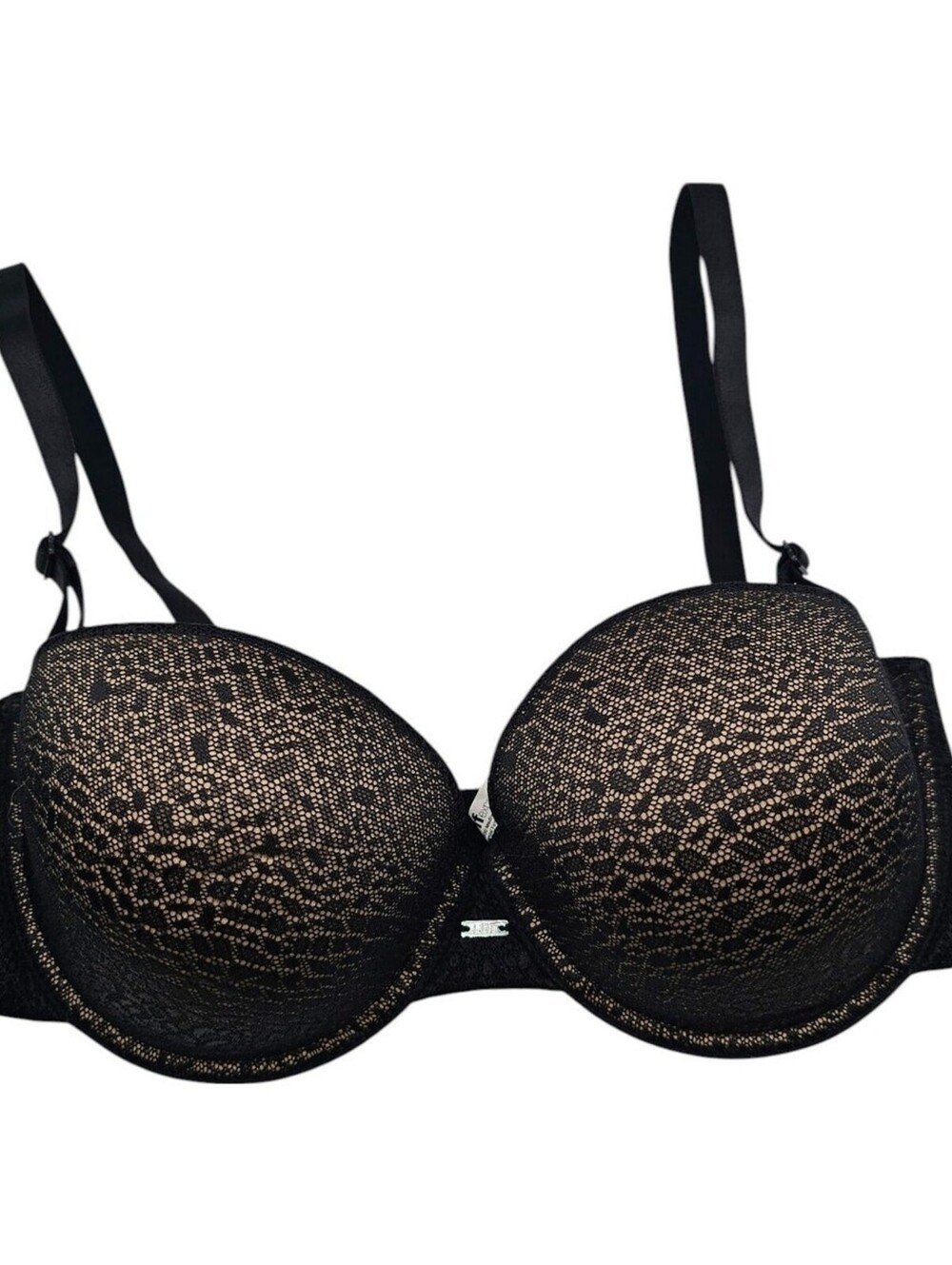 Self Expressions I-Fit Womens Sz 34D T Shirt Bra Beige w/ Black Overlay